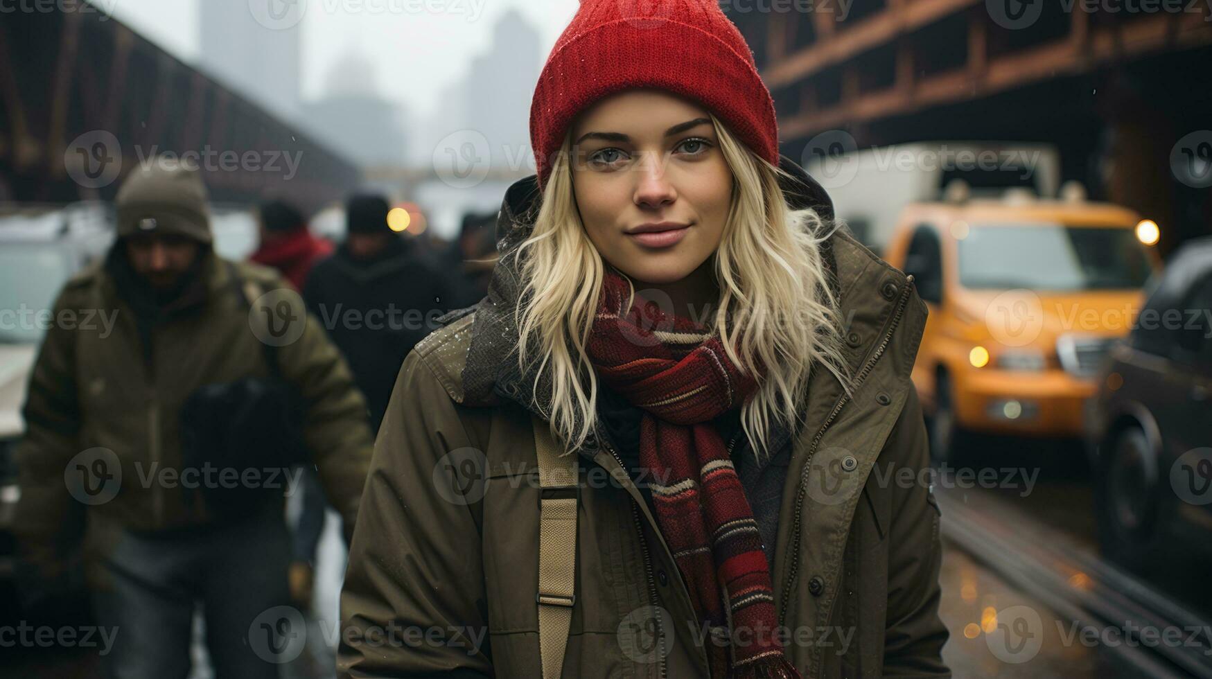 a woman in a red hat and coat standing in front of a crowd of people generative ai photo
