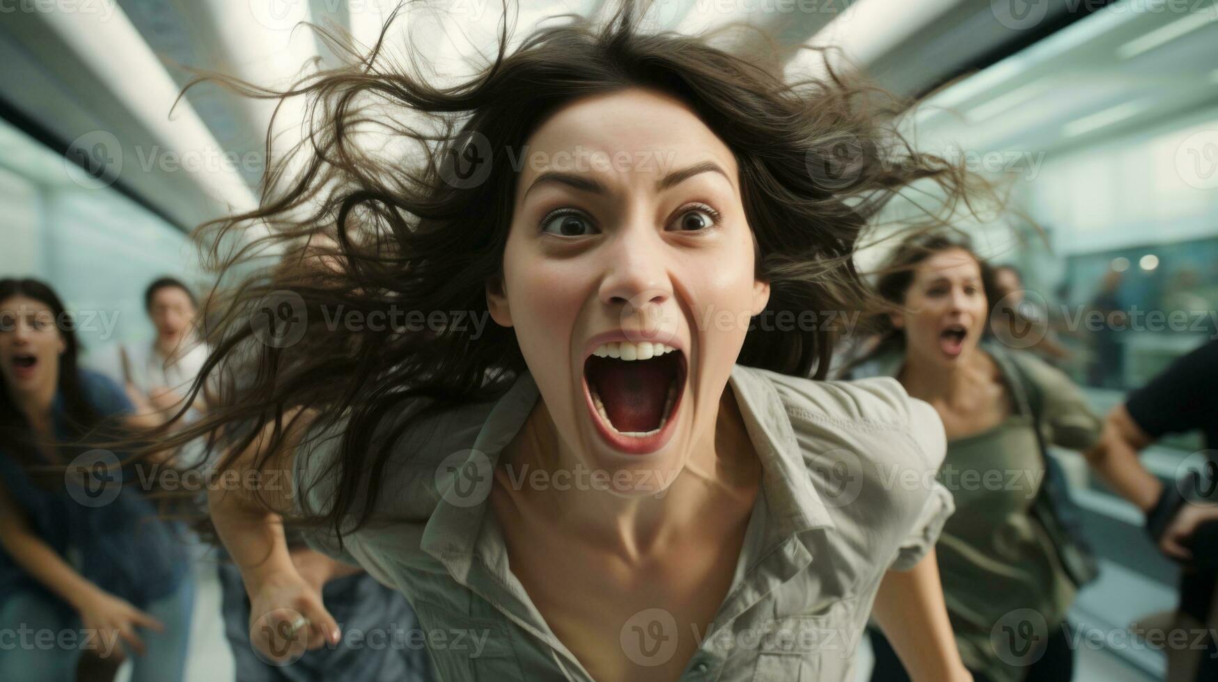 a woman is running through an airport with her mouth open generative ai photo
