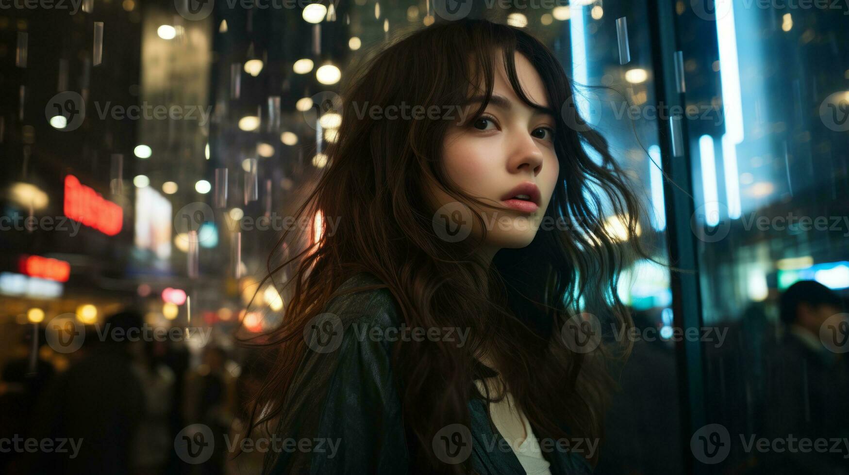 a woman standing in front of a building at night generative ai photo