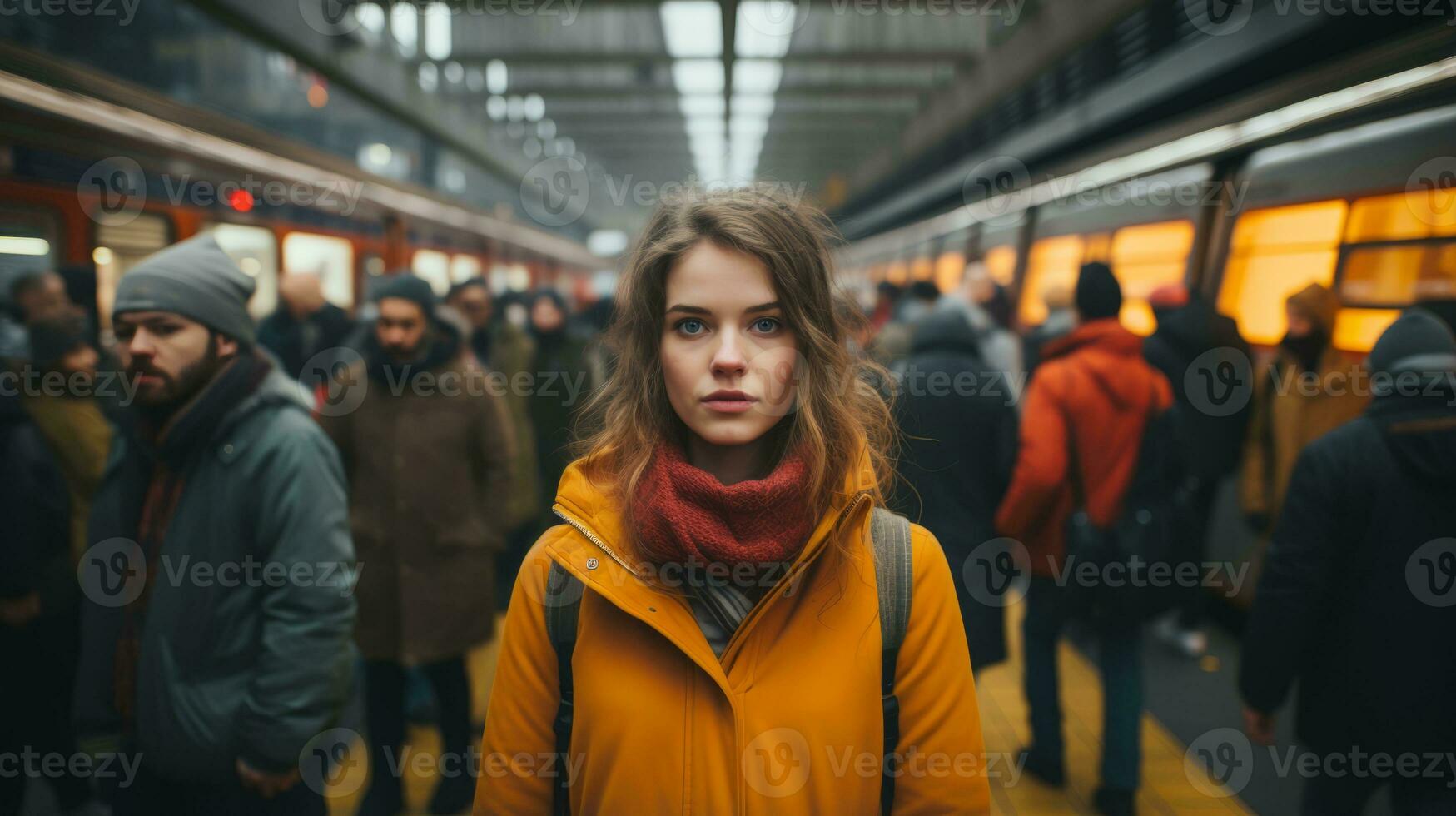 a woman standing in front of a crowd of people generative ai photo