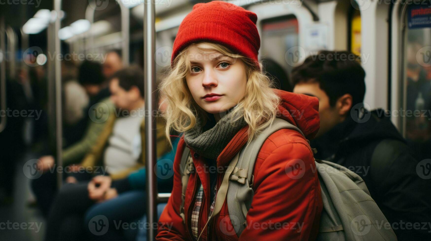 a woman wearing a red hat on a subway train generative ai photo