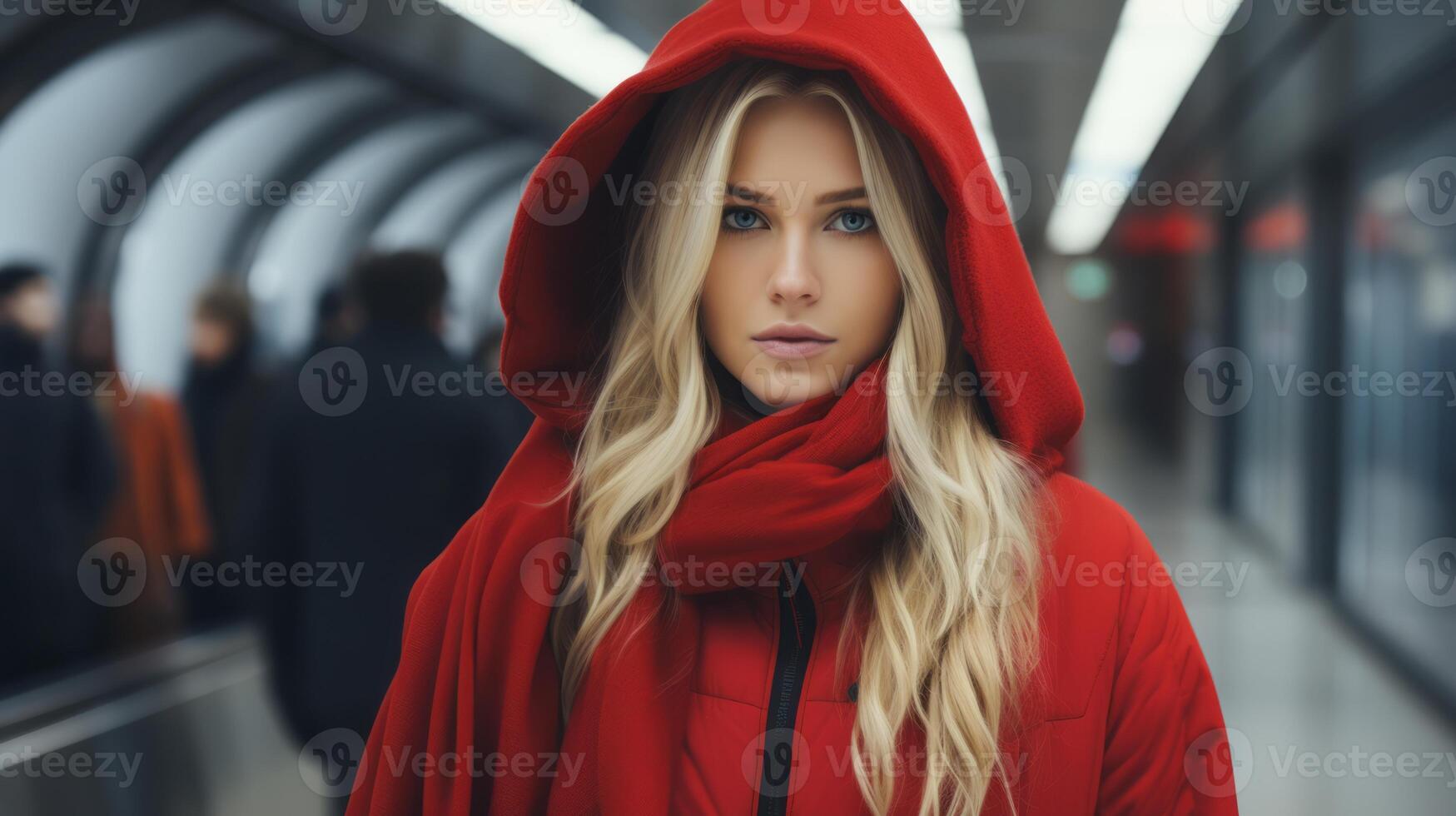 a woman wearing a red hooded jacket in an airport generative ai