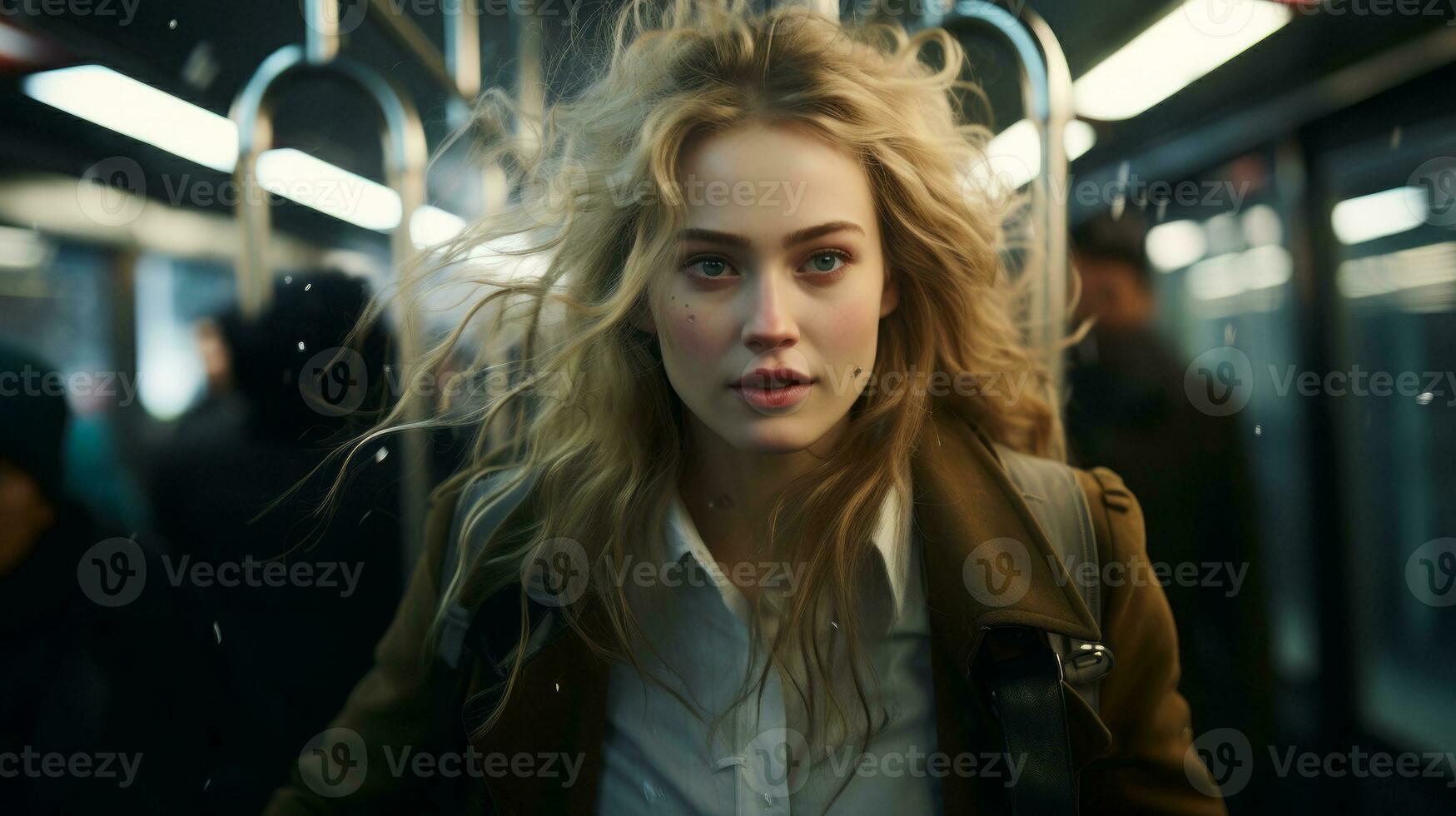 a woman with long blonde hair on a subway generative ai photo
