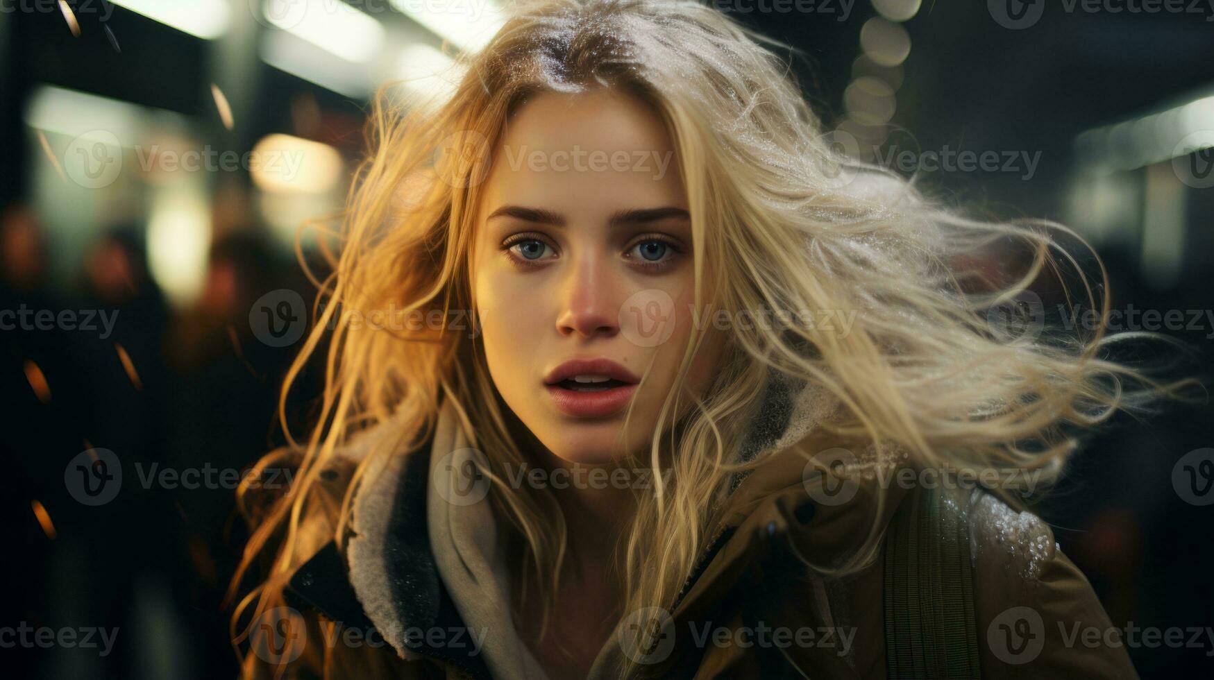 a woman with long blonde hair standing in a subway generative ai photo