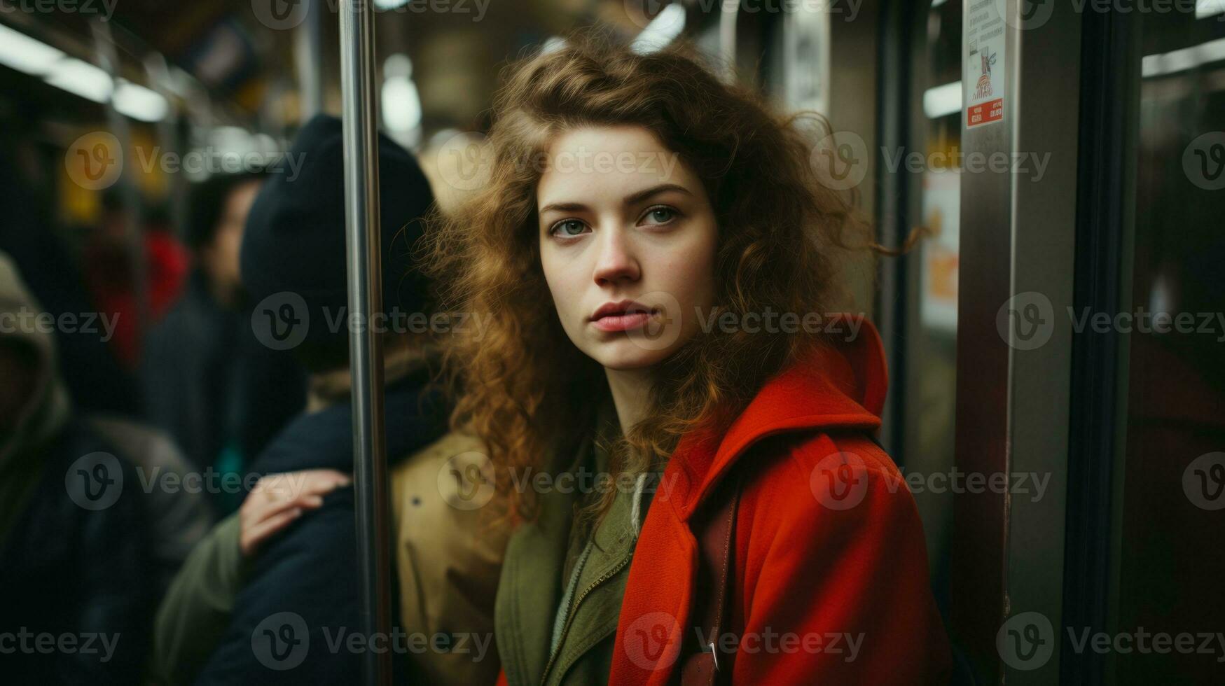 a woman with red hair sitting on a subway train generative ai photo