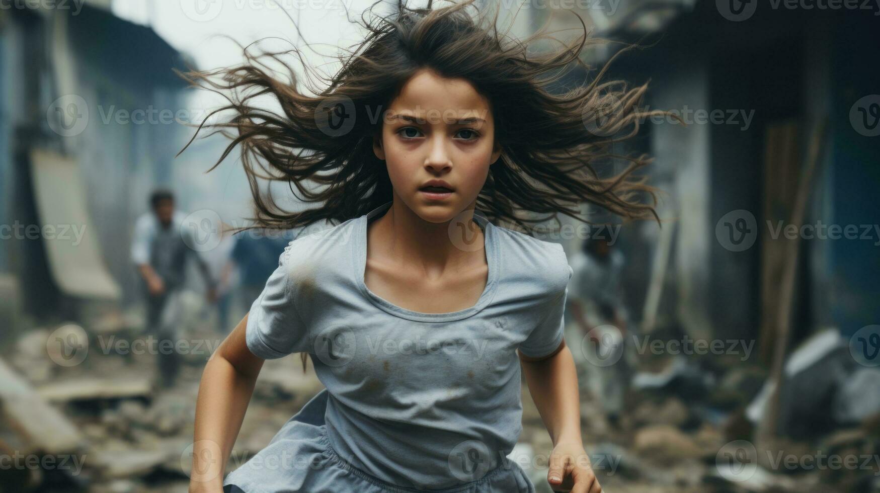 a young girl running through rubble in an urban area generative ai photo