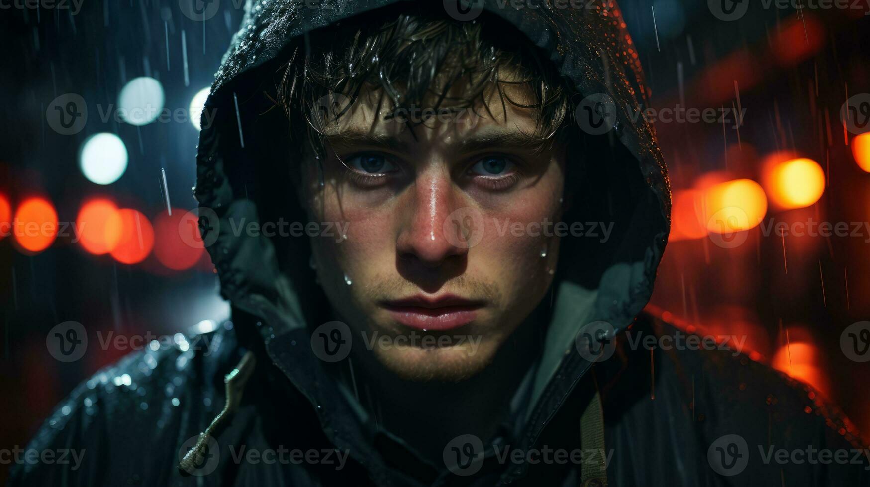 a young man with a hoodie on in the rain generative ai photo