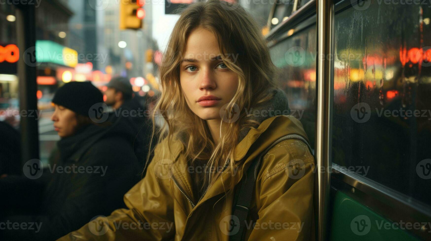 a young woman sitting on a bus in new york city generative ai photo