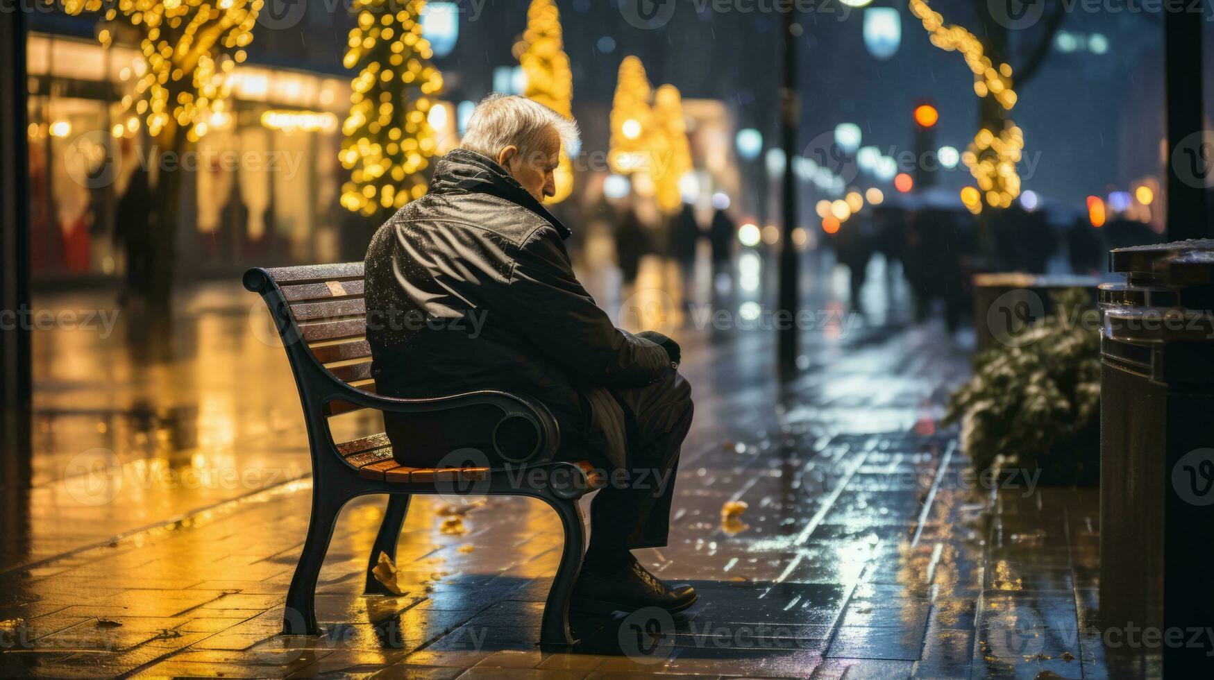 an elderly man sitting on a bench in the rain at night generative ai photo