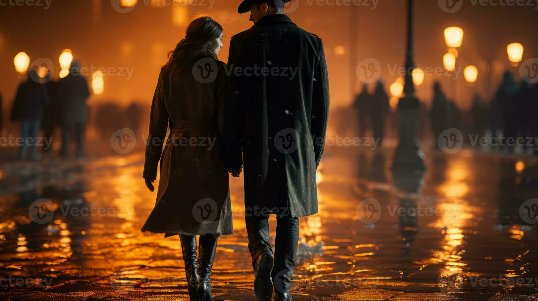 a man and woman walking in the rain at night generative ai photo