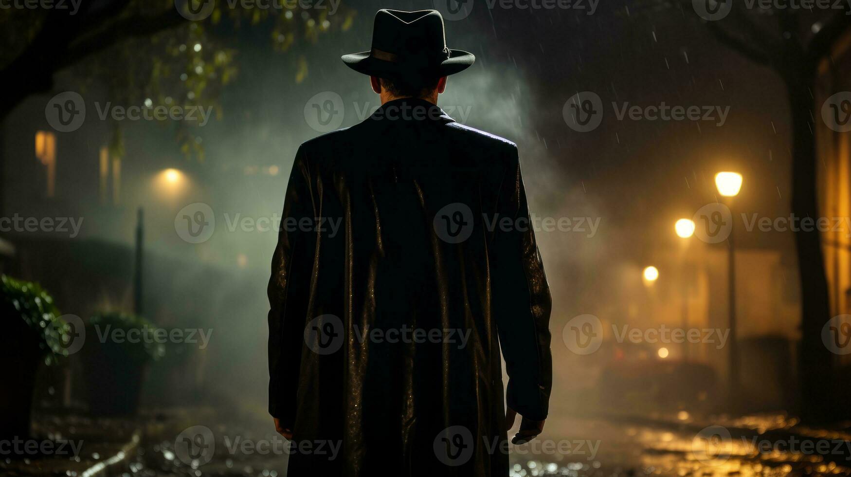 a man in a hat and coat standing in the rain at night generative ai photo