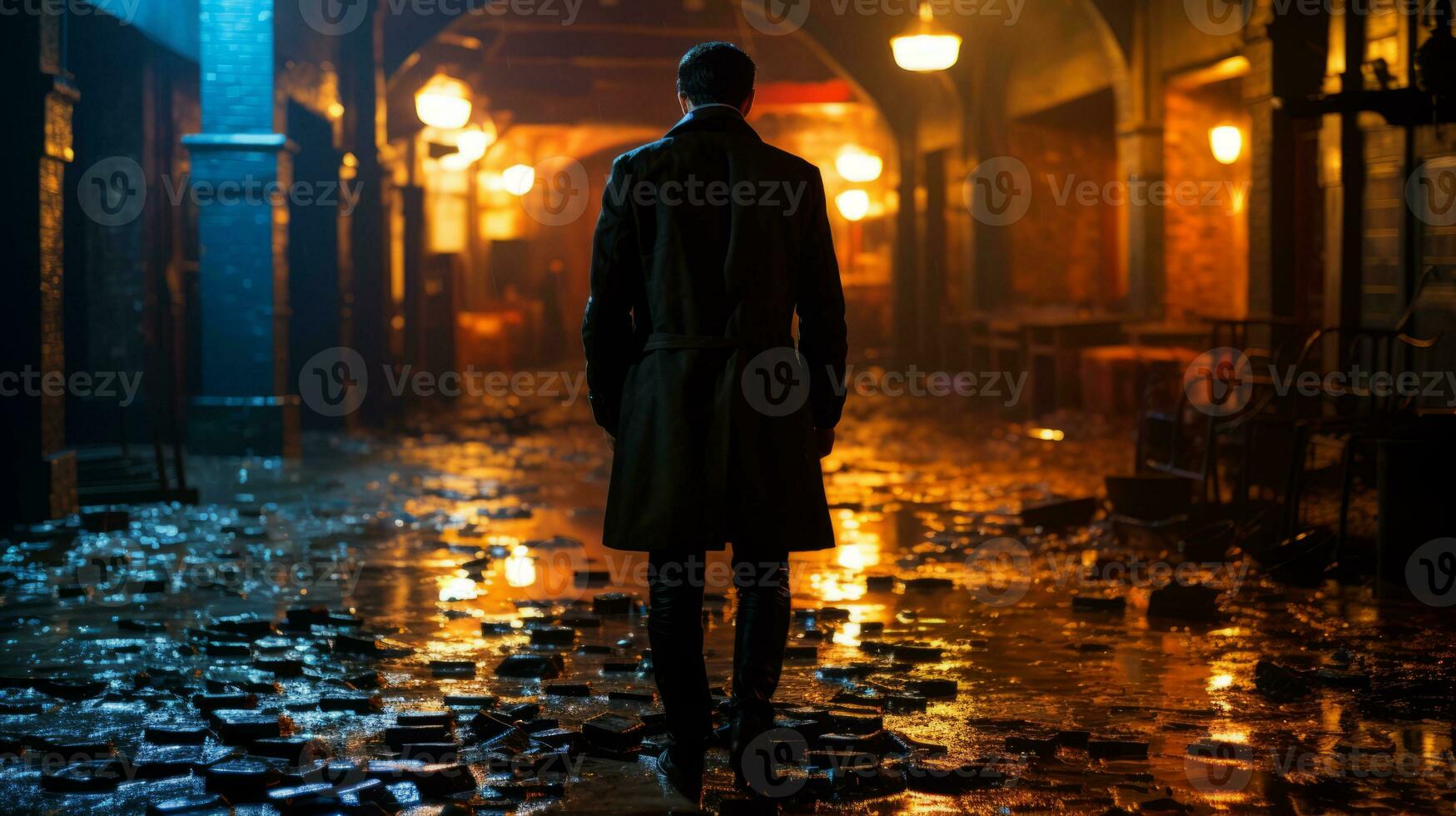 a man in a trench coat stands in a dark alley generative ai photo