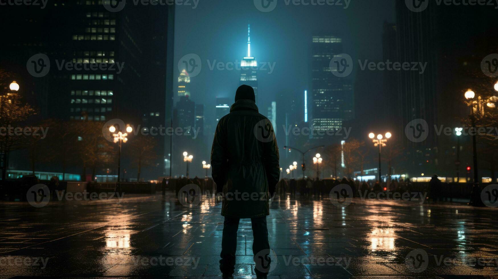 a man is standing in the middle of a city at night generative ai photo
