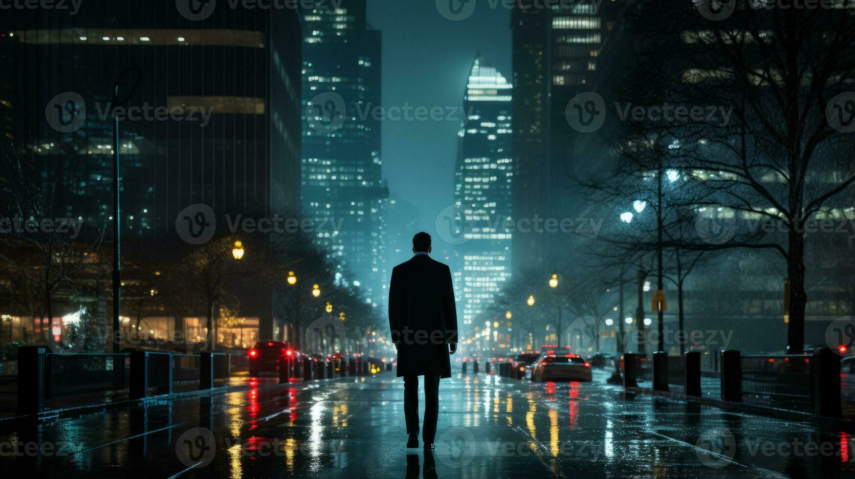 a man is walking down a city street at night generative ai photo