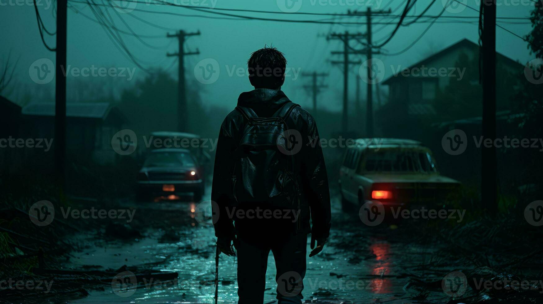 a man is walking down a dark street at night photo
