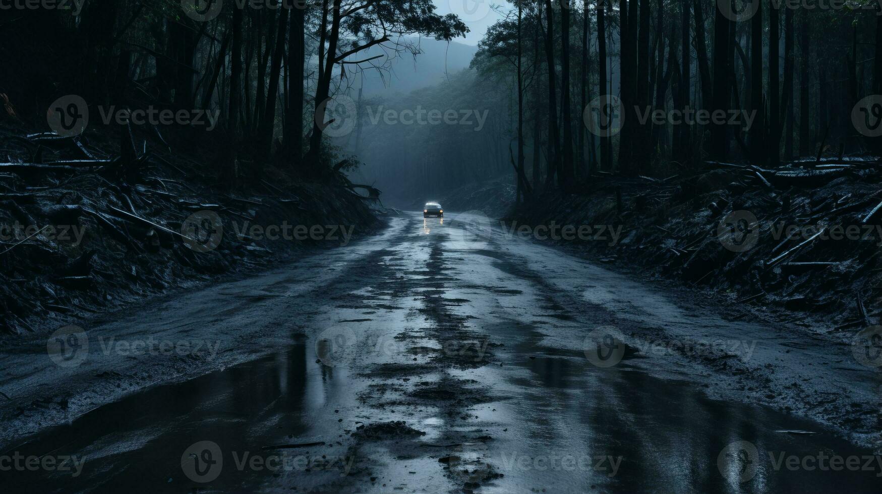 a man is walking down a muddy road in the middle of a forest generative ai photo