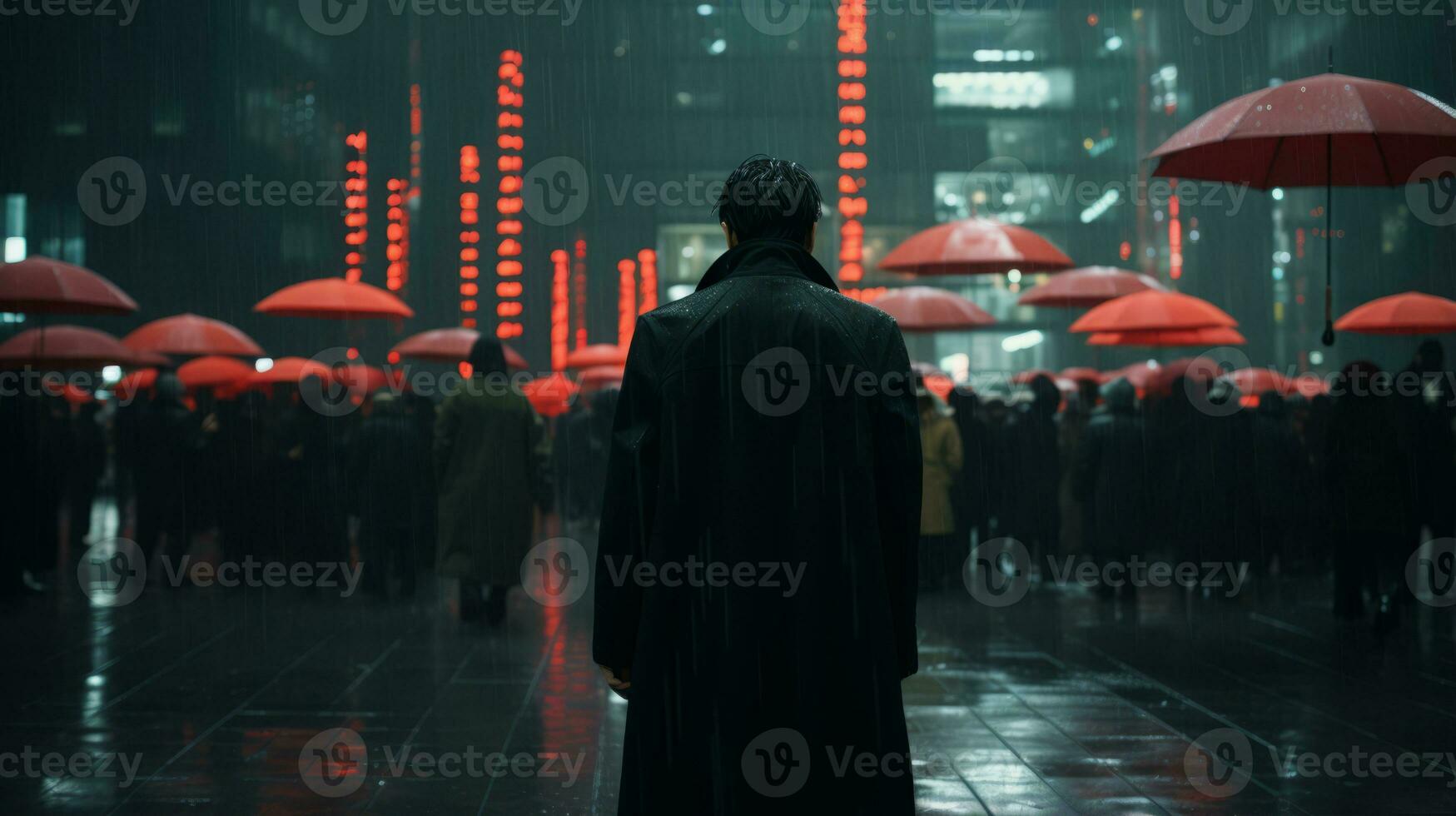 a man standing in the rain with red umbrellas generative ai photo