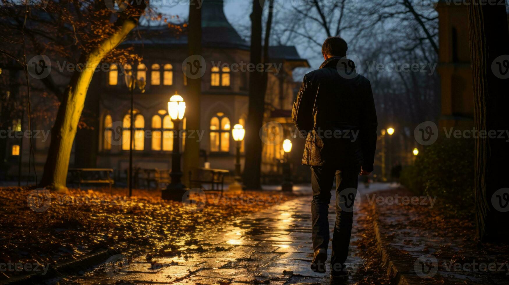 a man walking down a path at night in front of a building generative ai photo
