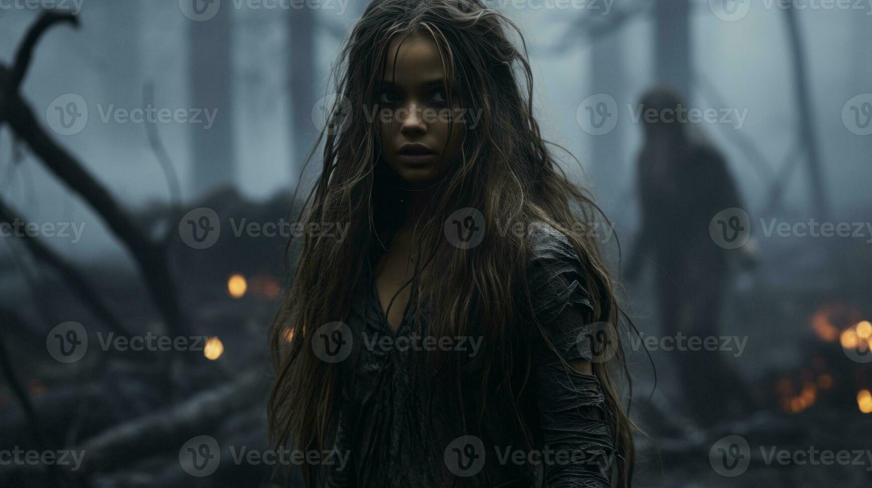 a young woman with long hair standing in the middle of a forest generative ai photo