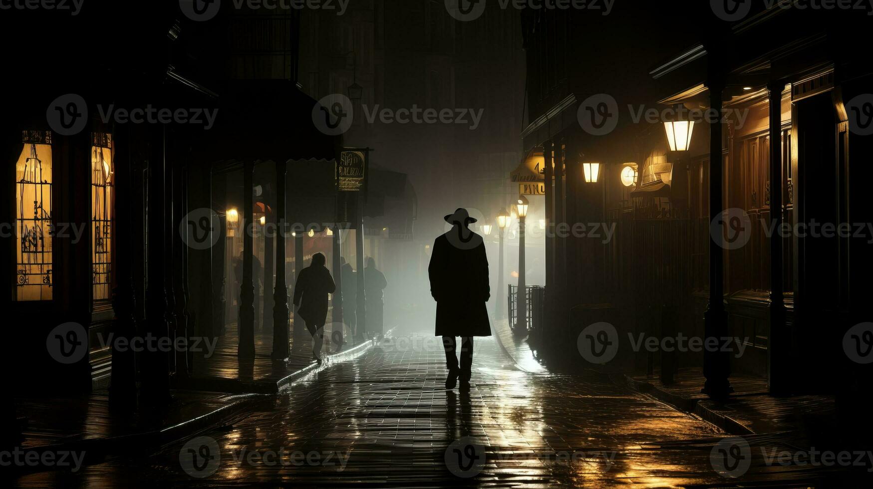 silhouette of a man walking down a dark street at night generative ai photo