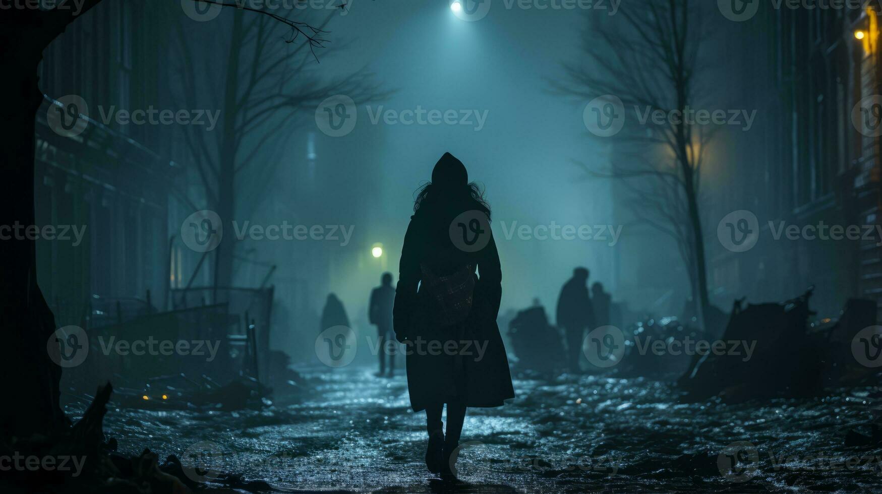 silhouette of a woman walking down a dark street at night generative ai photo