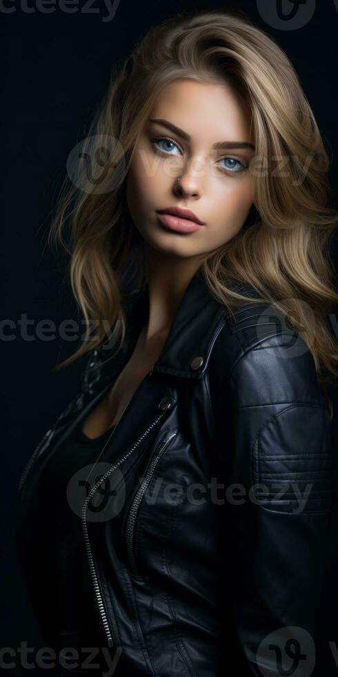a beautiful blonde woman in a leather jacket generative ai photo