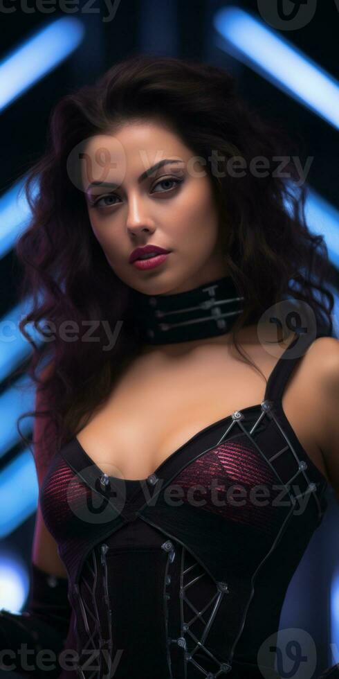 a beautiful woman in a black and red outfit generative ai photo