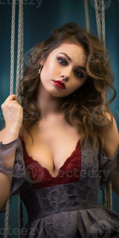a beautiful woman in a dress sitting on a swing generative ai photo