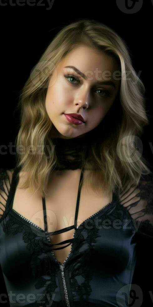 a beautiful young woman in a black dress posing for the camera photo
