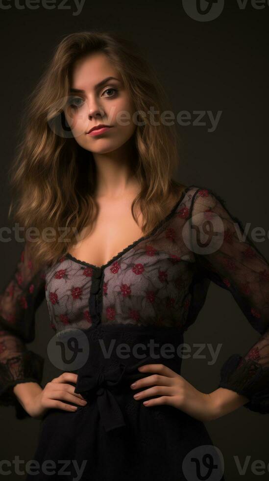 a beautiful young woman in a black dress posing for the camera photo