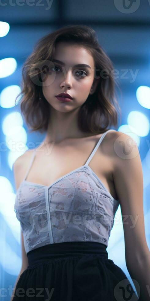 a beautiful young woman in a black dress standing in front of blue lights generative ai photo