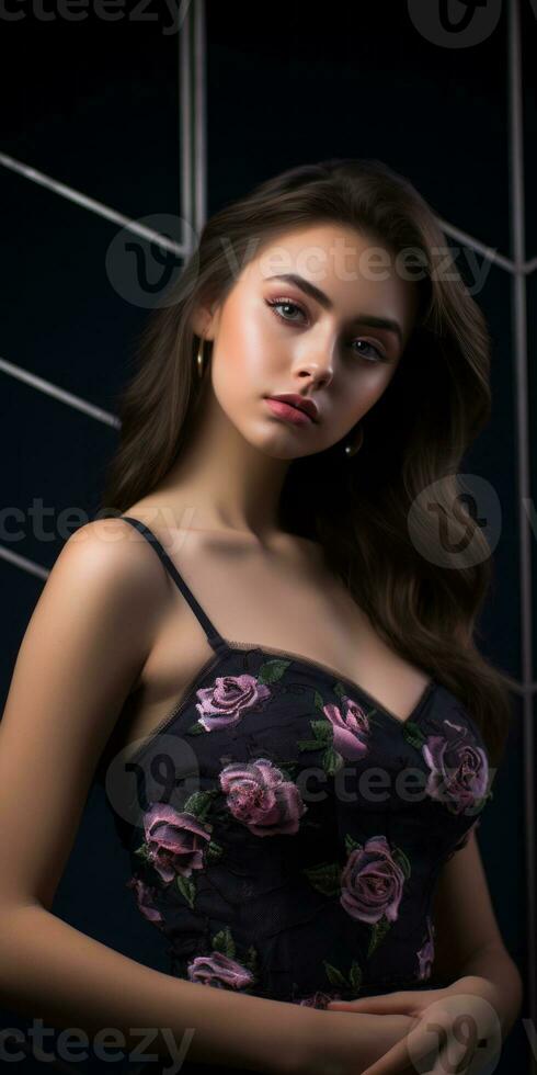 a beautiful young woman in a floral dress photo