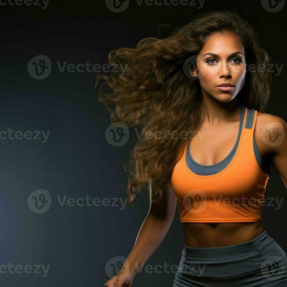a beautiful young woman in an orange sports bra top and shorts running on a dark background generative ai photo