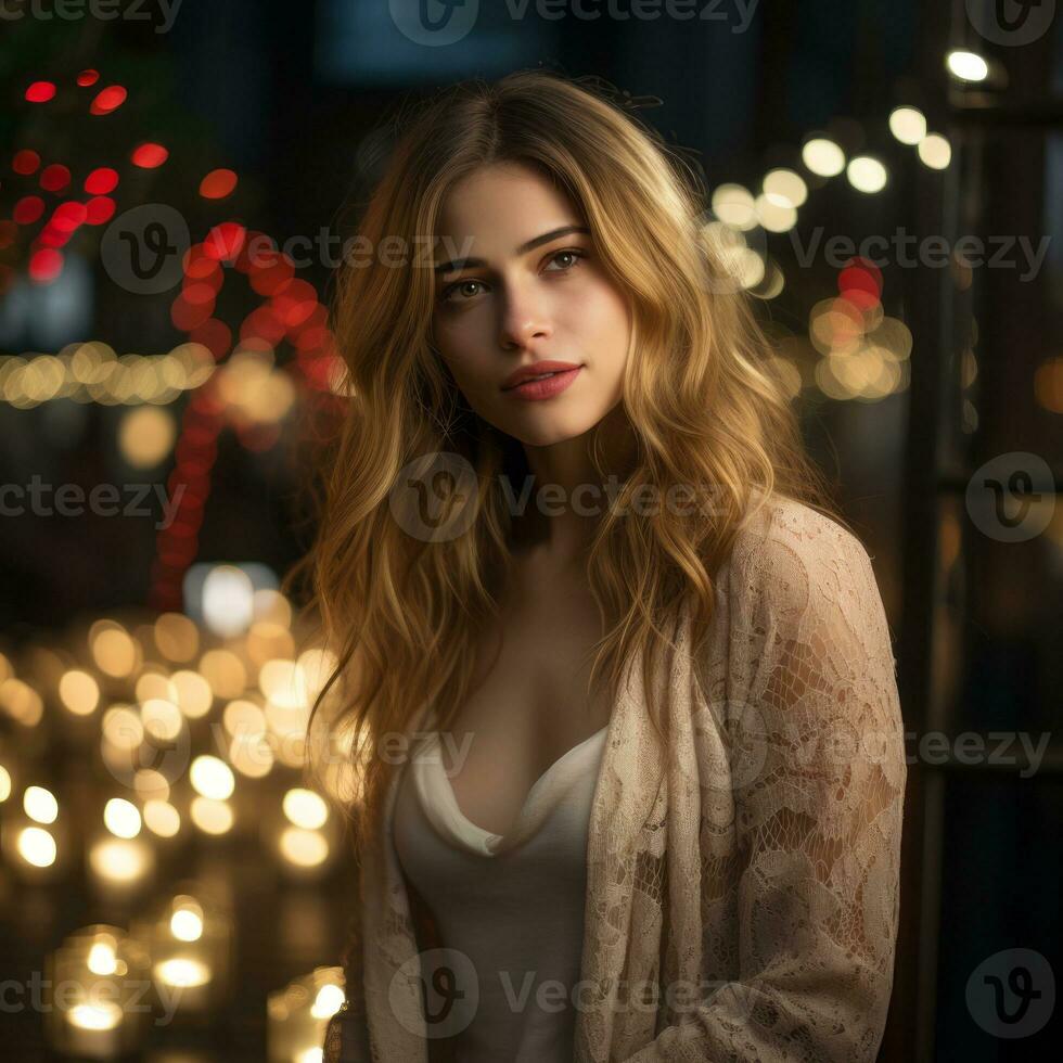 a beautiful young woman is posing in front of lit candles generative ai photo