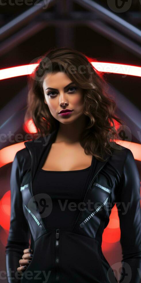 a woman in a black leather jacket with red neon lights generative ai photo