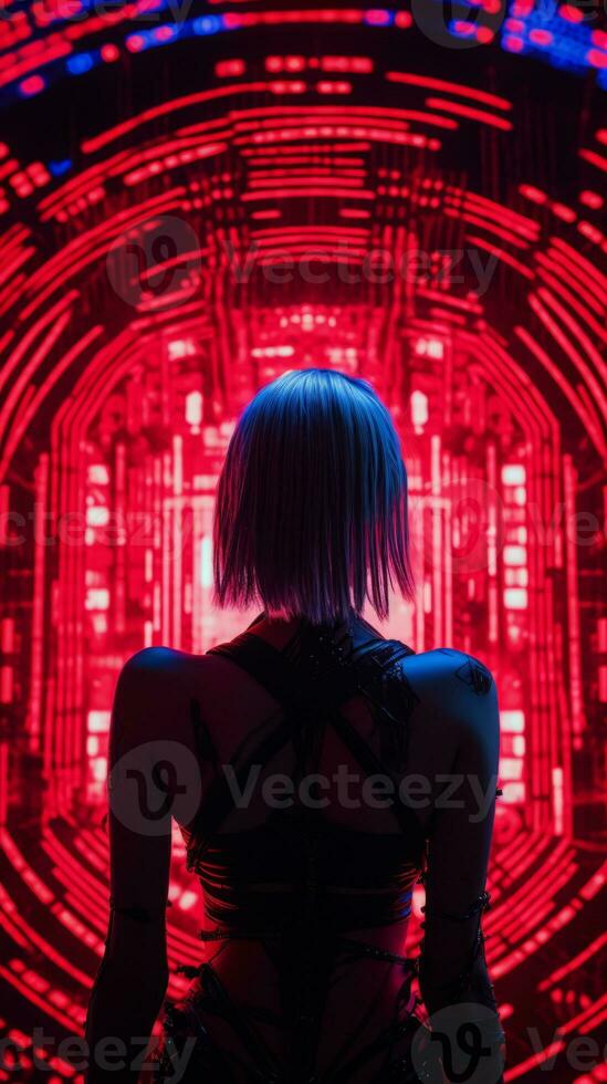 a woman standing in front of a red and blue light generative ai photo