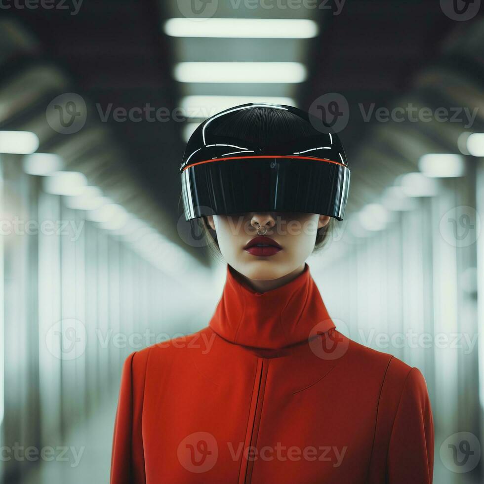 a woman wearing a virtual reality headset in a tunnel generative ai photo