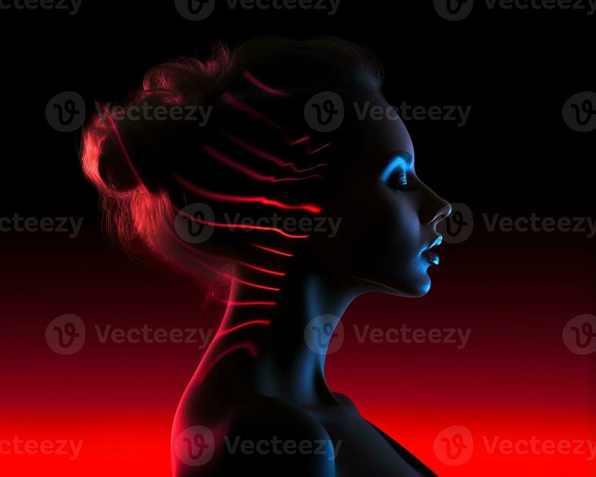 a woman with glowing red lines on her face photo