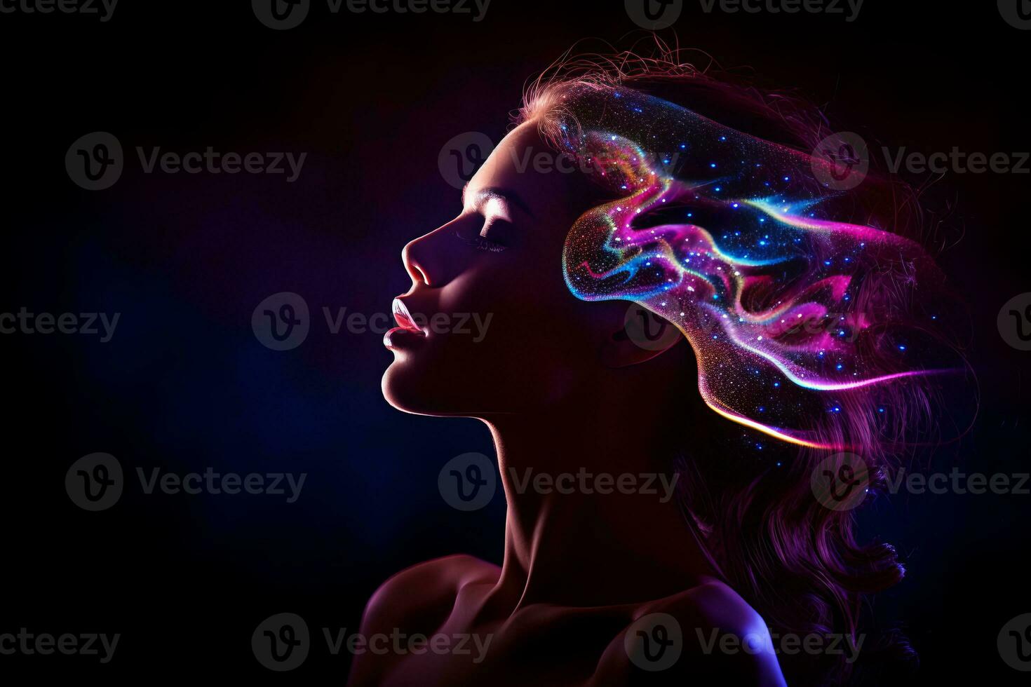 a woman with glowing hair and a glowing head on a dark background generative ai photo