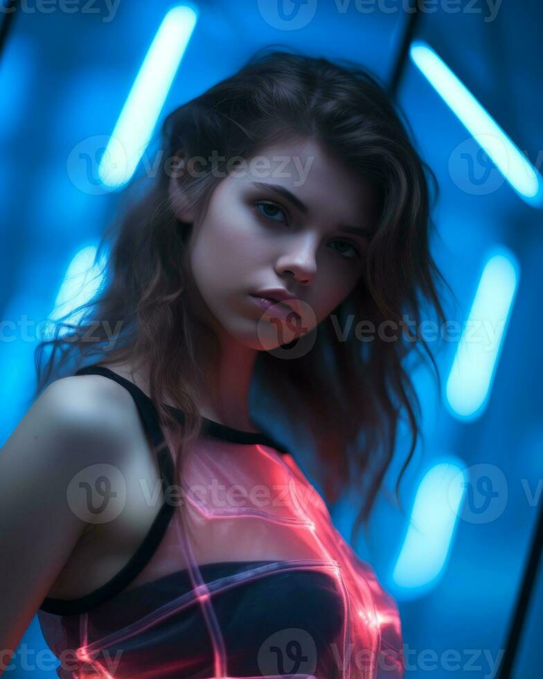 a woman with neon lights on her dress generative ai photo