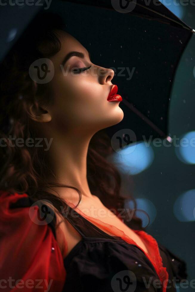 un mujer con rojo labios y un negro paraguas generativo ai foto