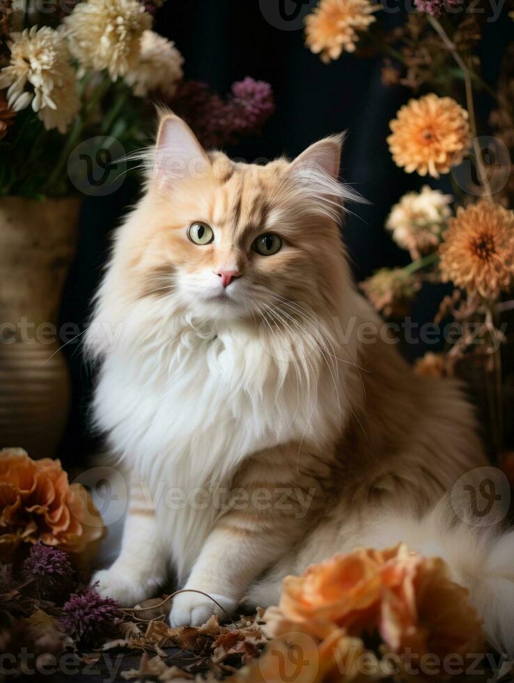 an orange and white cat sitting in front of flowers generative ai photo