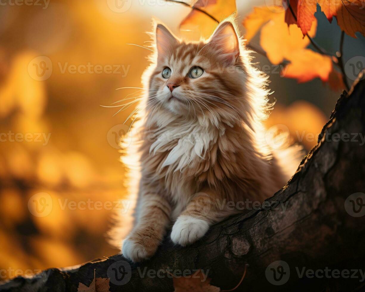an orange cat sitting on a tree branch in the fall generative ai photo