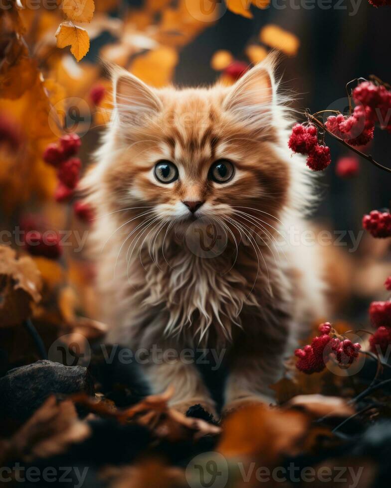 un naranja gatito sentado en el hojas rodeado por rojo bayas generativo ai foto