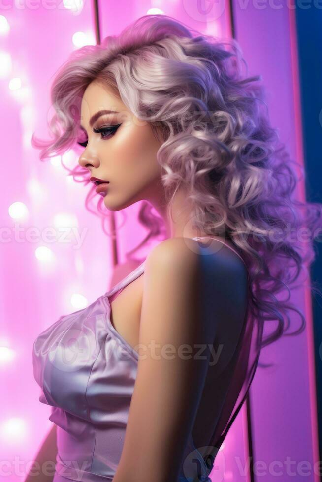 beautiful blonde woman with long curly hair posing in front of neon lights generative ai photo