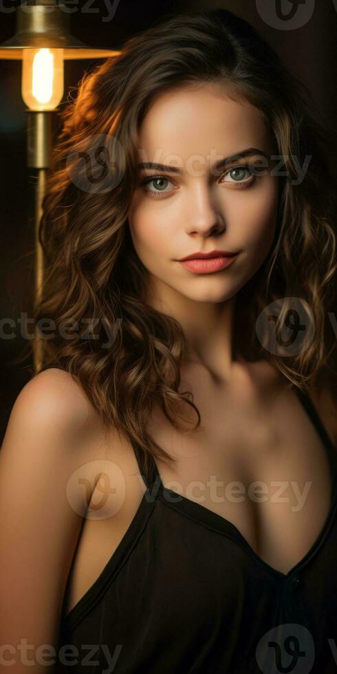 beautiful young woman in black dress posing in front of a lamp generative ai photo