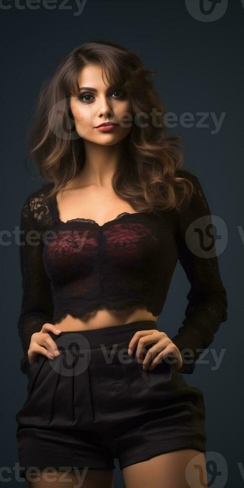 beautiful young woman in black lace top and high waisted black shorts generative ai photo