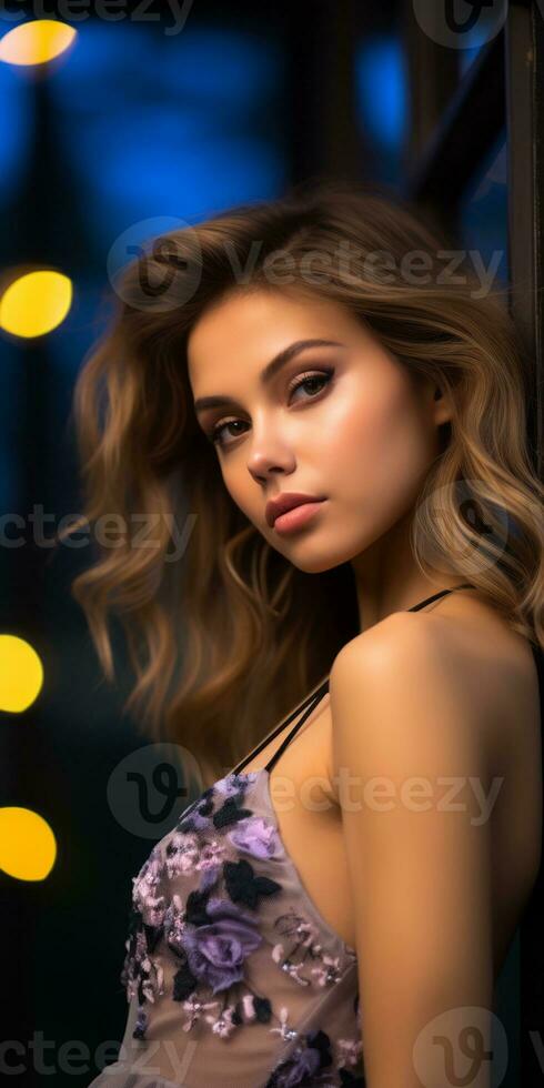 beautiful young woman posing in front of a window at night generative ai photo