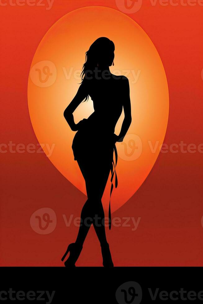 silhouette of a woman standing in front of an orange sunset generative ai photo