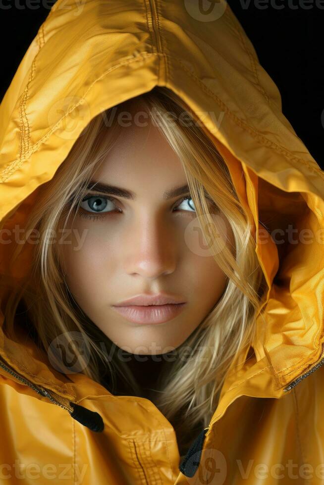 a beautiful blond woman in a yellow raincoat generative ai photo